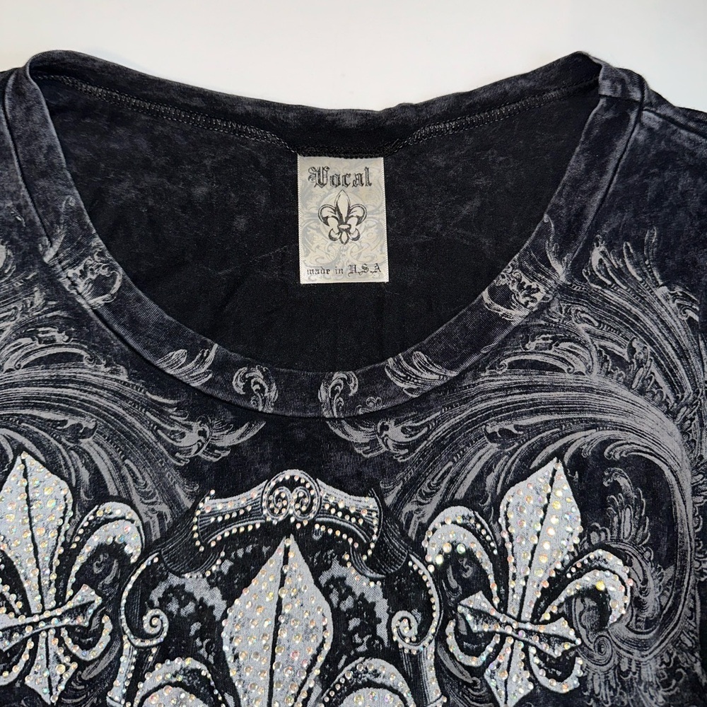 Vocal Women’s Long Sleeve Top Black Gray Fleur De Lis Embellished Made in USA - Picture 2 of 9